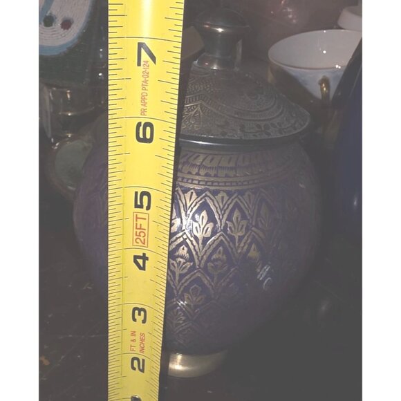 Vintage Brass & Enamel Purple Jar Engraved Handcrafted Lid - 7 X 4" - Picture 6 of 8